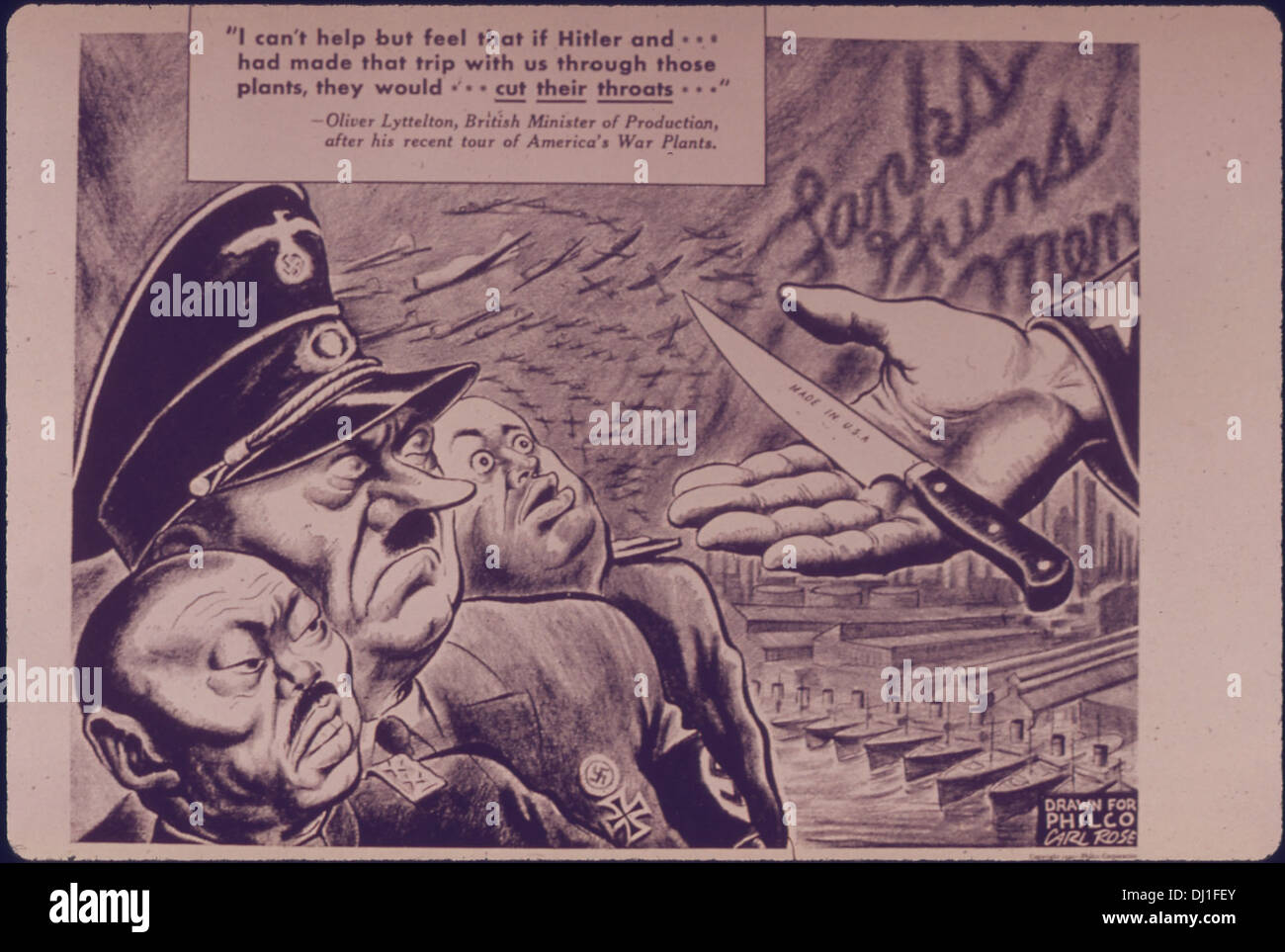 Cette affiche de propagande de la seconde Guerre mondiale utilise un message anti-nazi fort pour rallier les citoyens américains contre les puissances de l'axe, ciblant spécifiquement Hitler. Il vise à rehausser le moral et à promouvoir le patriotisme, exhortant les civils à rester déterminés à vaincre l'ennemi en soutenant l'effort de guerre. Banque D'Images