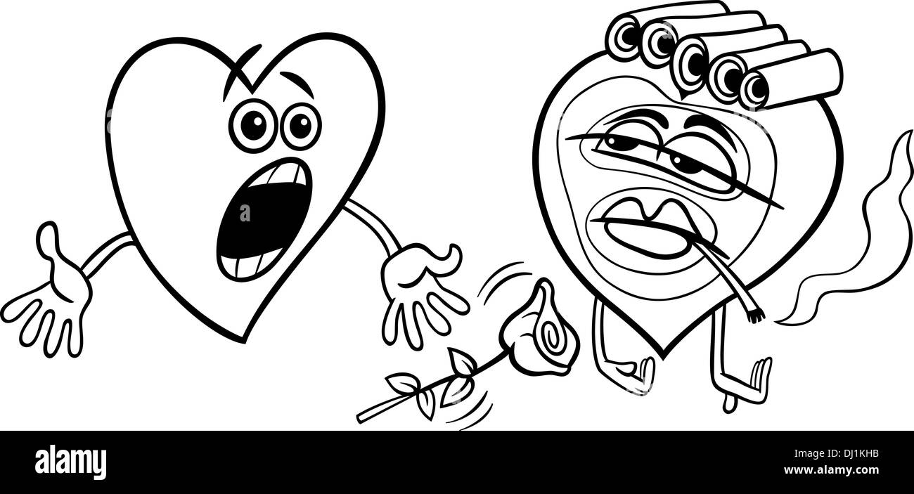Illustration Cartoon noir et blanc d'hommes et de femmes terrifiés coeur Coeur en masque de beauté et de cheveux Rouleaux sur Valentine Day Banque D'Images