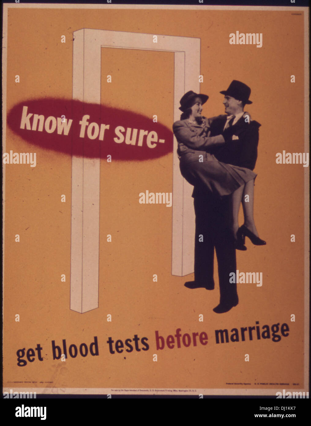 Cette affiche de propagande américaine de la seconde Guerre mondiale souligne l'importance des tests sanguins avant le mariage pour assurer la santé publique et soutenir l'effort de guerre en prévenant les problèmes de santé. Banque D'Images