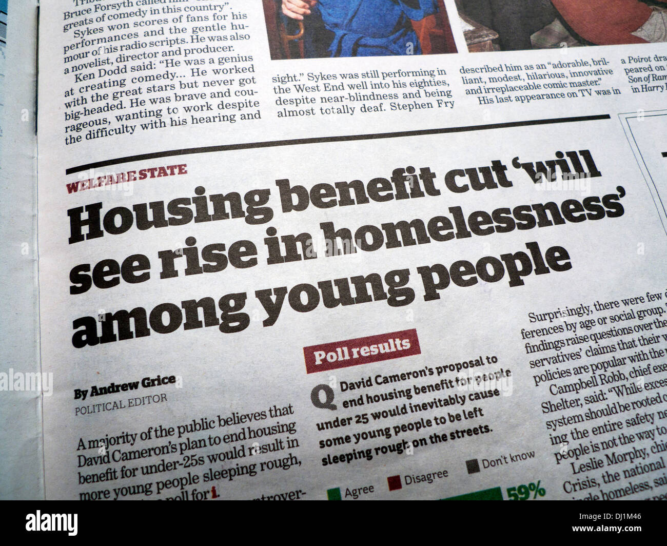Réduction de la prestation de 'Logement 'va voir augmenter à l'itinérance chez les jeunes'' article de journal indépendant à Londres le 5 juillet 2012 Banque D'Images