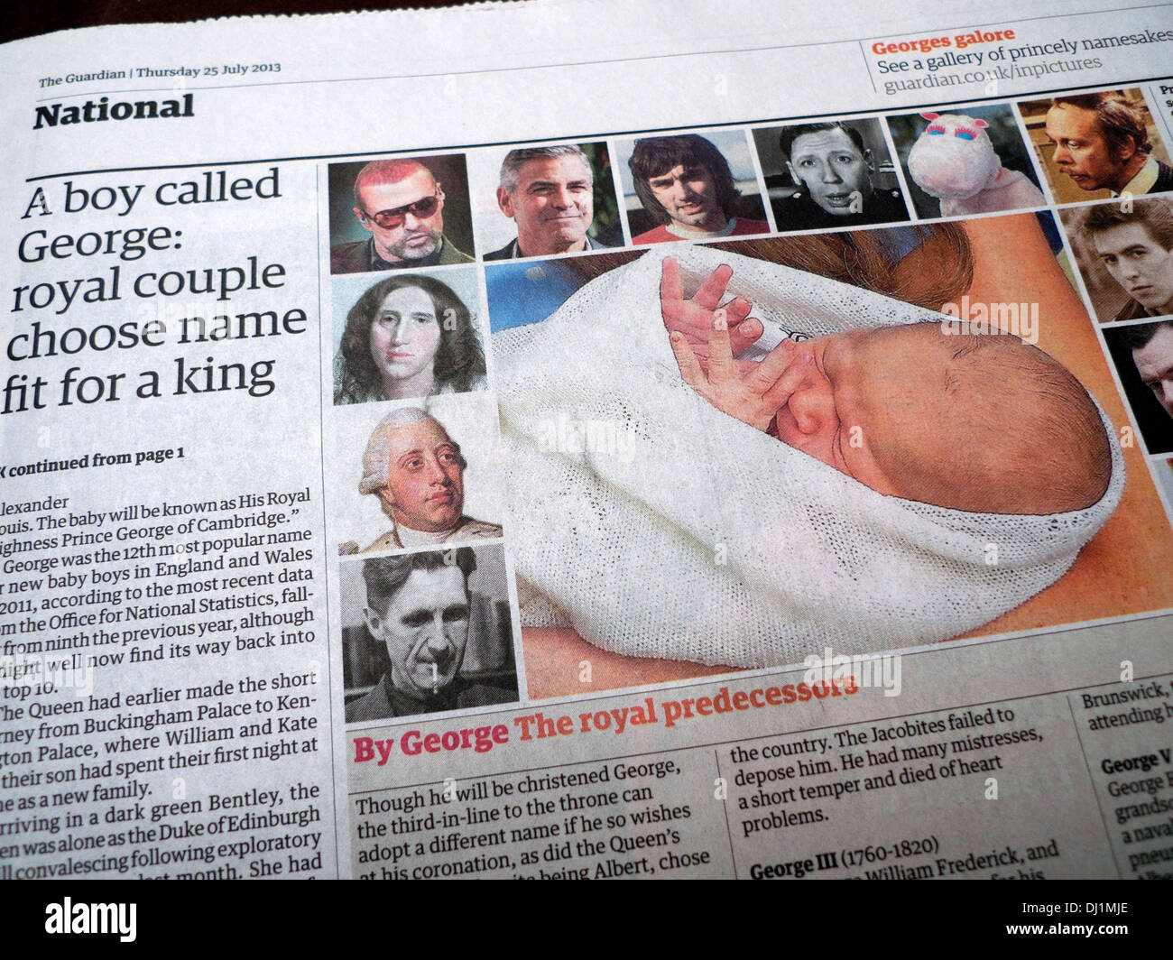 'Un garçon nommé George : couple royal choisissez nom digne d'un roi" article sur l'attribution de Prince George dans Guardian Londres UK 23 Juillet 2013 Banque D'Images