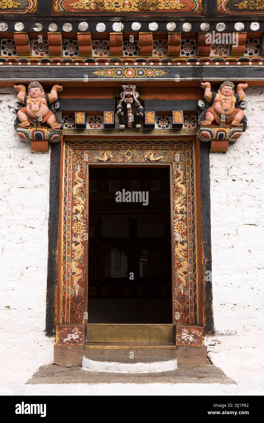 Le Bhoutan, Thimphu Dzong, détail de la porte en bois peint décoration structure Banque D'Images