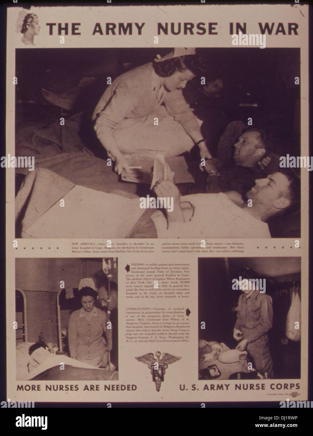 Cette affiche de propagande datant de la seconde Guerre mondiale souligne le rôle crucial des infirmières de l’armée dans le soutien du personnel militaire et la sensibilisation du public à leur contribution aux efforts médicaux en temps de guerre. Banque D'Images