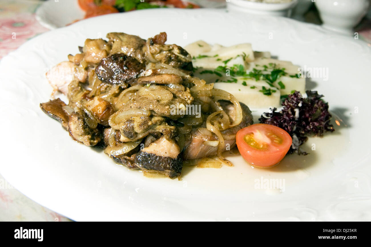 Surlonge de Porc mijoté avec des oignons et champignons de saison d'aliments de spécialité polonaise photographié à Cracovie Pologne Europe Banque D'Images