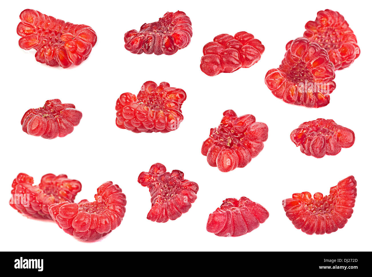 Série de coupes de fruits framboise isolated on white Banque D'Images