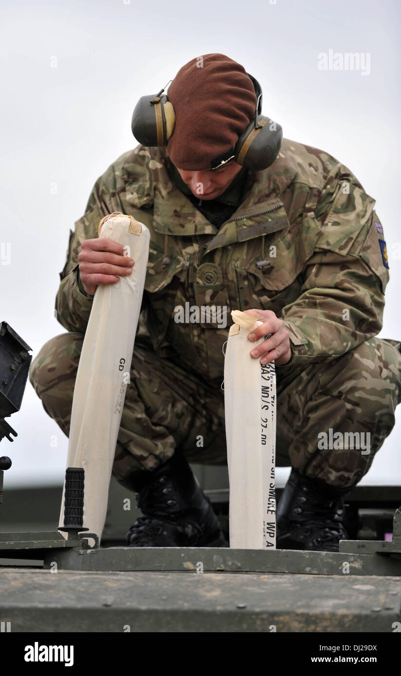 La nouvelle réserve de l'Armée tirant des coups dans les champs de tir de Lulworth, dans le Dorset, en Angleterre. Les membres de la Gendarmerie royale du Wessex Yeomanry manning Challenger II les réservoirs et de terminer leur formation de la réserve de l'armée afin qu'ils soient prêts pour les agents de première ligne de service du réservoir actif à partir de maintenant. La fera partie de la Force de réaction rapide, bien qu'ils s'inscrivent dans le temps- soldats civils. 18 novembre, 2013 Photo par : Geoff Moore, Dorset Media Service Banque D'Images