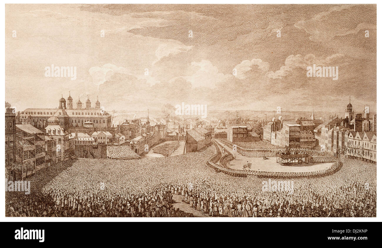 L'exécution sur Tower Hill, Londres, 1746. William Boyd, 4e comte de Kilmarnock, et Arthur Elphinstone, 6e Seigneur Balmerinoch, étant Banque D'Images