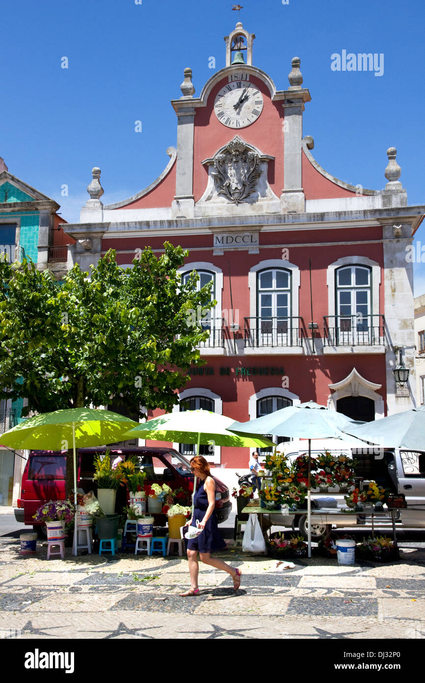 Marché aux Fleurs en décrochage avec l'ancien hôtel de ville derrière. Praca da Republica, centre-ville, Caldas da Rainha, Portugal central. Banque D'Images