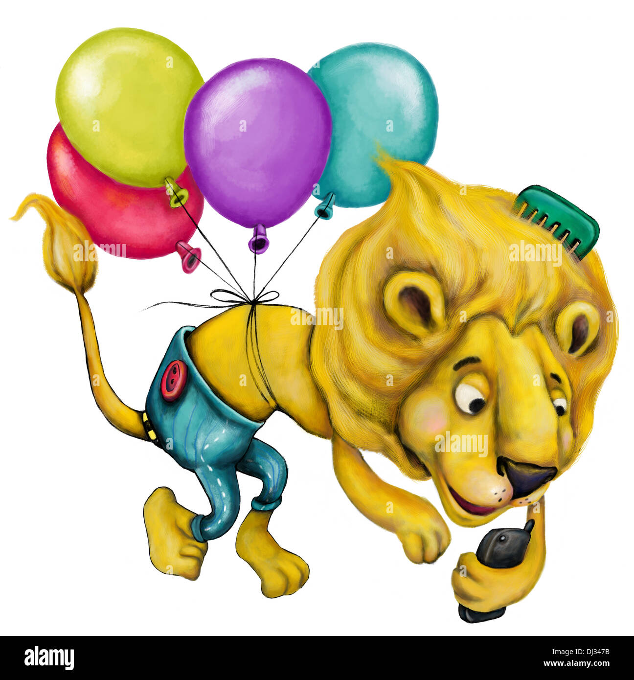 Illustration de lion avec des ballons et téléphone sur fond blanc Banque D'Images