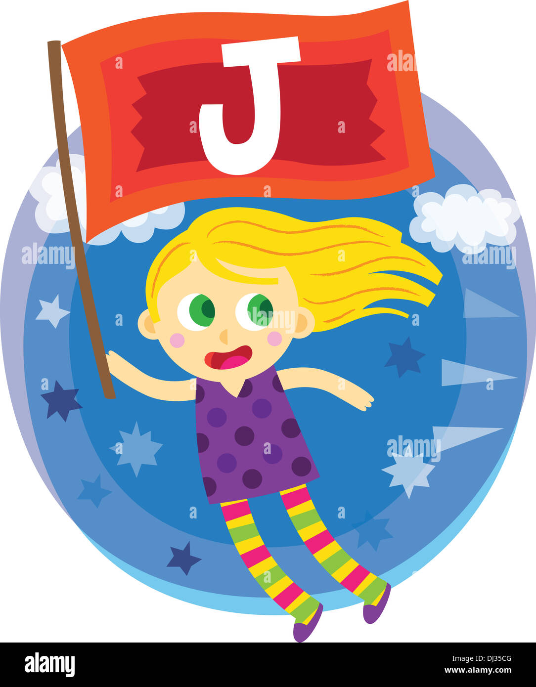 Illustration de fille battant tout en tenant un drapeau avec la lettre J Banque D'Images