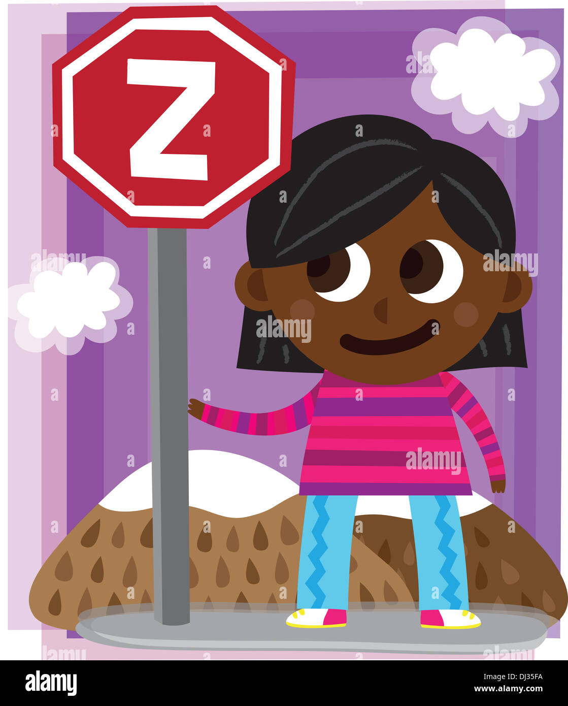 Illustration de girl standing by sign post with lettre Z sur c Banque D'Images