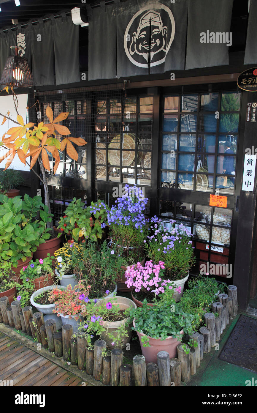 Le Japon, Hida, Shirakawa-go, Ogimachi, boutique, fleurs, Banque D'Images