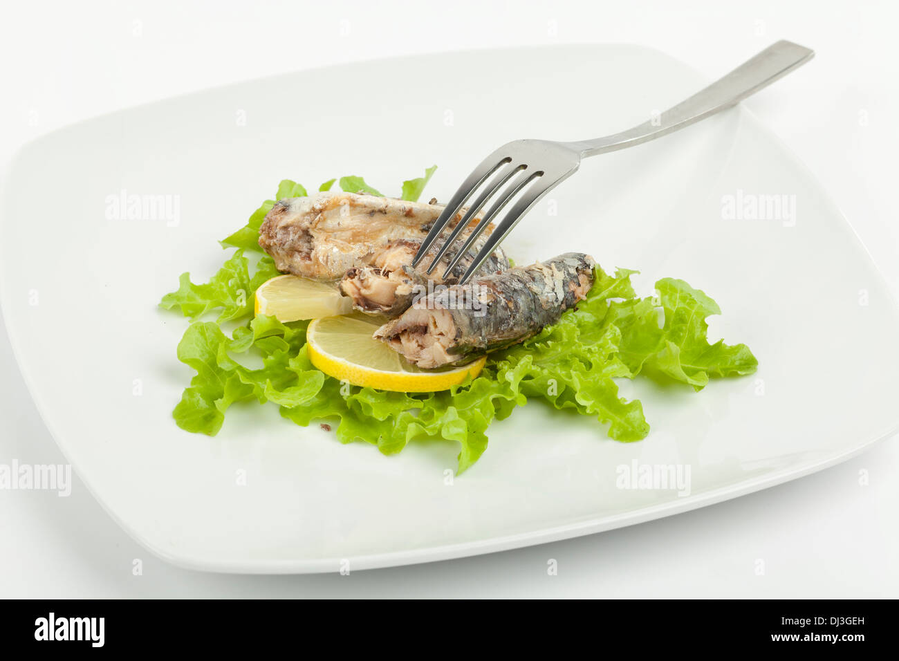 Sardines au citron et salade verte sur fond blanc Banque D'Images Sardines au citron et salade verte sur fond blanc Banque D'Images