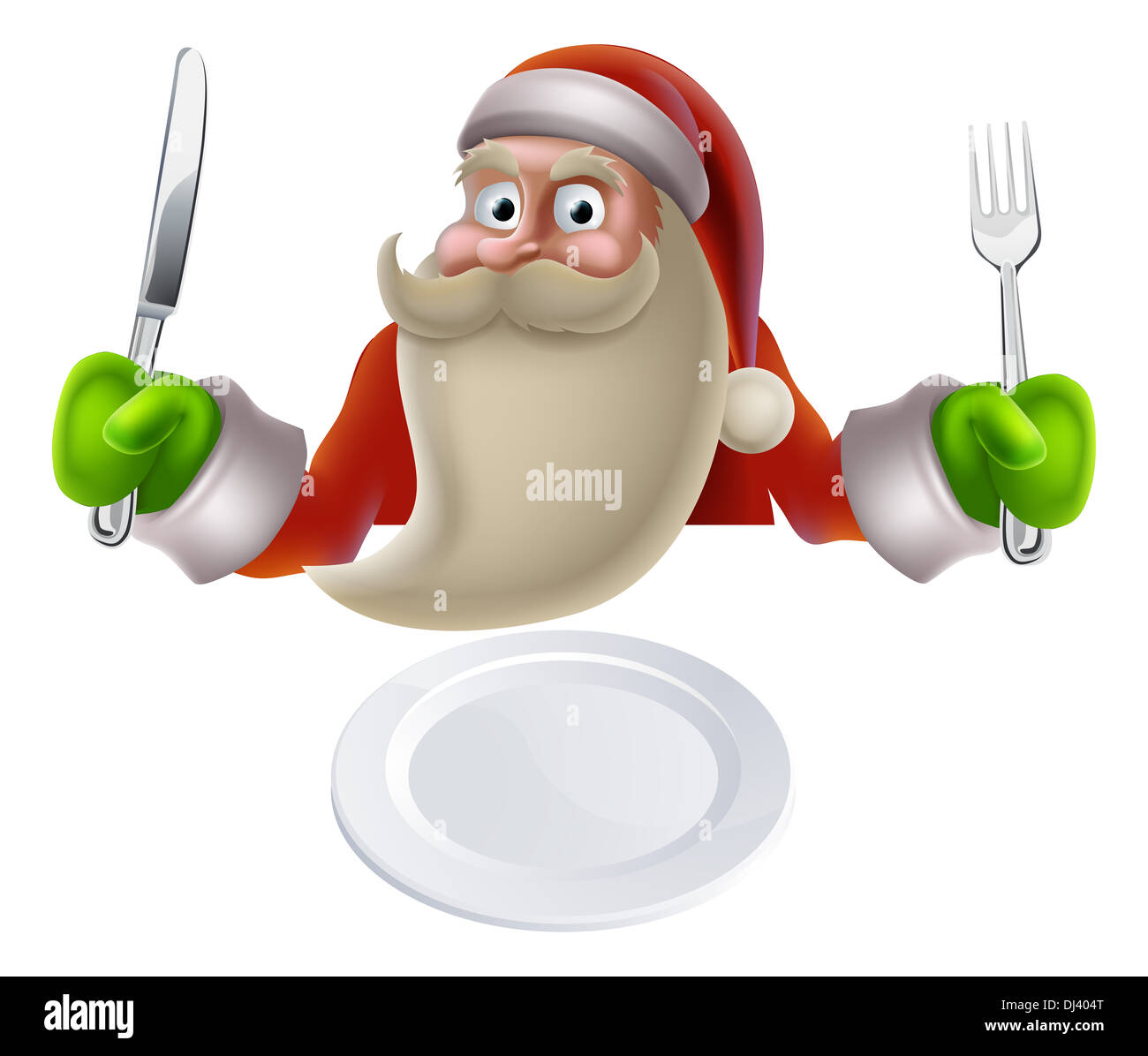 Santa célébrant Noël, cartoon Santa assis avec un couteau et une fourchette pour le dîner prêt à être mis dans son assiette Banque D'Images
