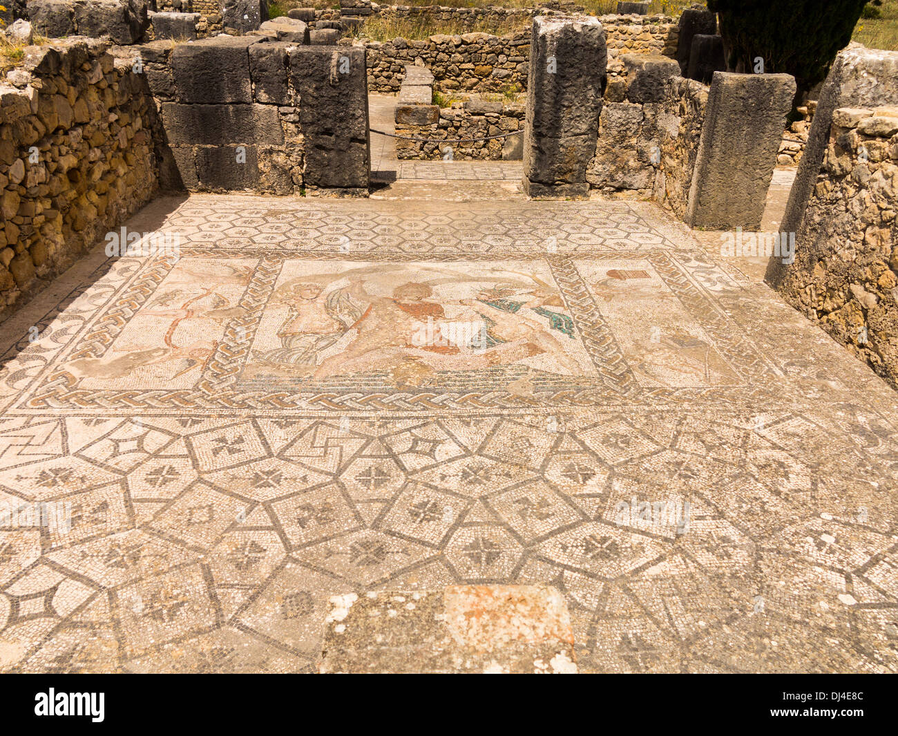 Ancienne cité romaine mosaïque montrant l'enlèvement d'HYLAS par les nymphes dans la vieille ville de Volubilis, Meknes, Maroc Banque D'Images