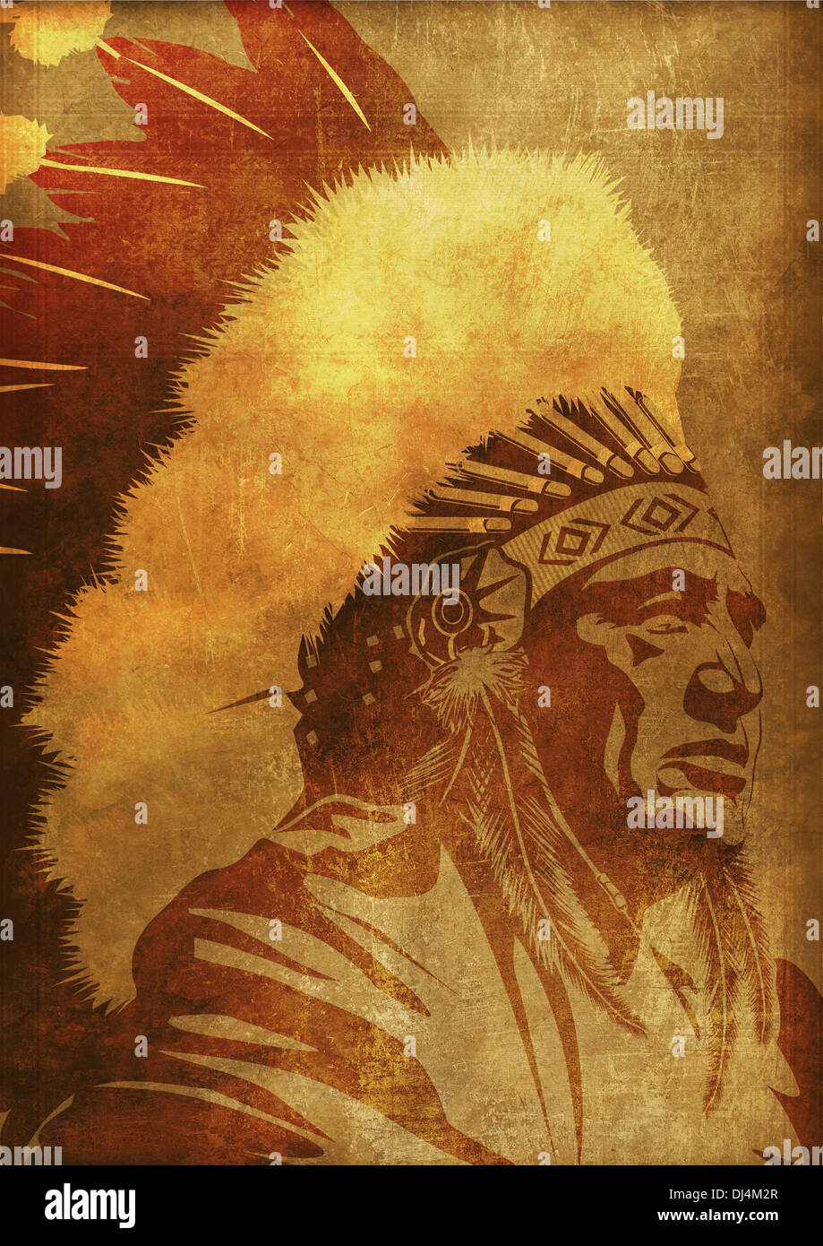 Chef Amérindien Portrait Vintage Grunge Background. Native American Collection. Banque D'Images