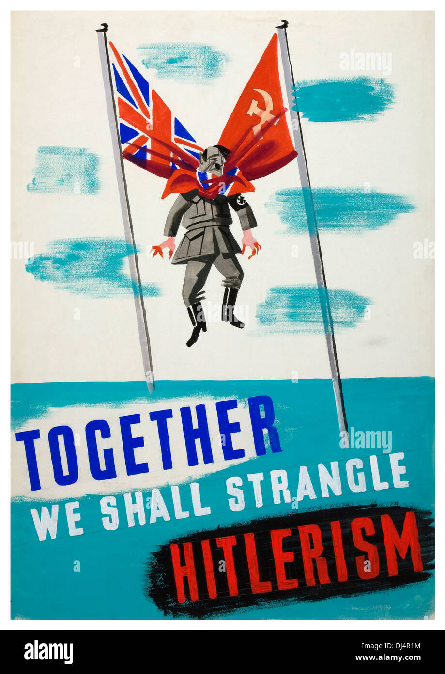 1940 WW2 propagande humerous affiche présentant Hitler étranglés par des drapeaux britanniques et russes Banque D'Images