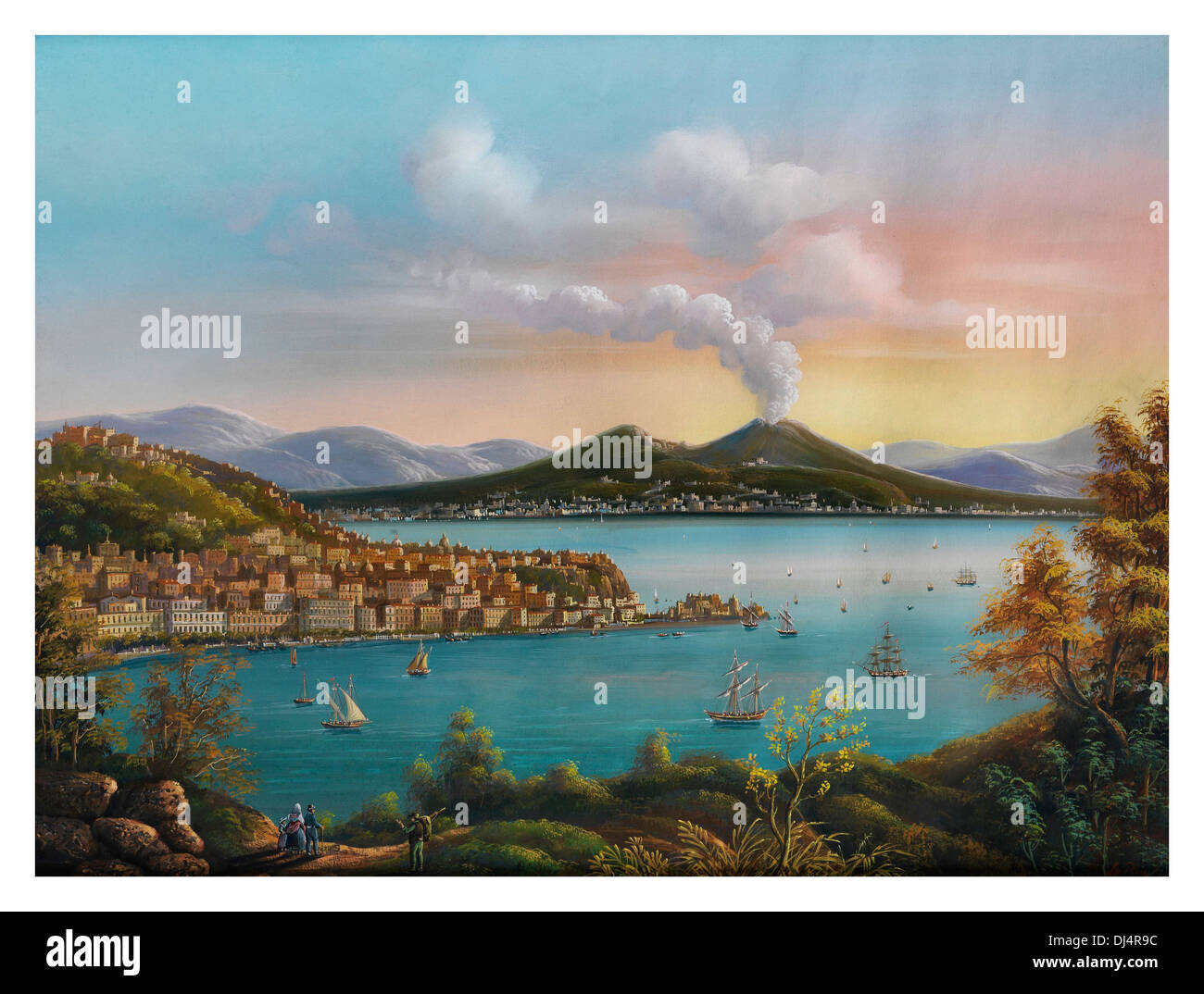 VÉSUVE 1845 peinture historique ancienne de la baie de Naples avec le volcan Vésuve fumant en arrière-plan par l'artiste Enrico la Pira Naples Italie Banque D'Images