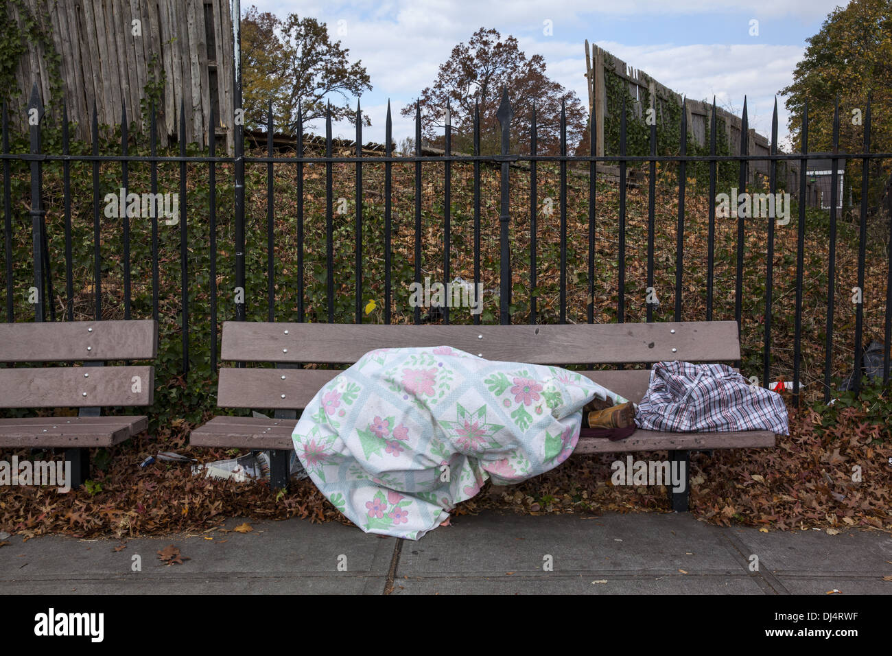 Sans-abri dort sur un banc sur une froide journée d'automne à l'extérieur du musée de Brooklyn, Brooklyn, New York. Banque D'Images