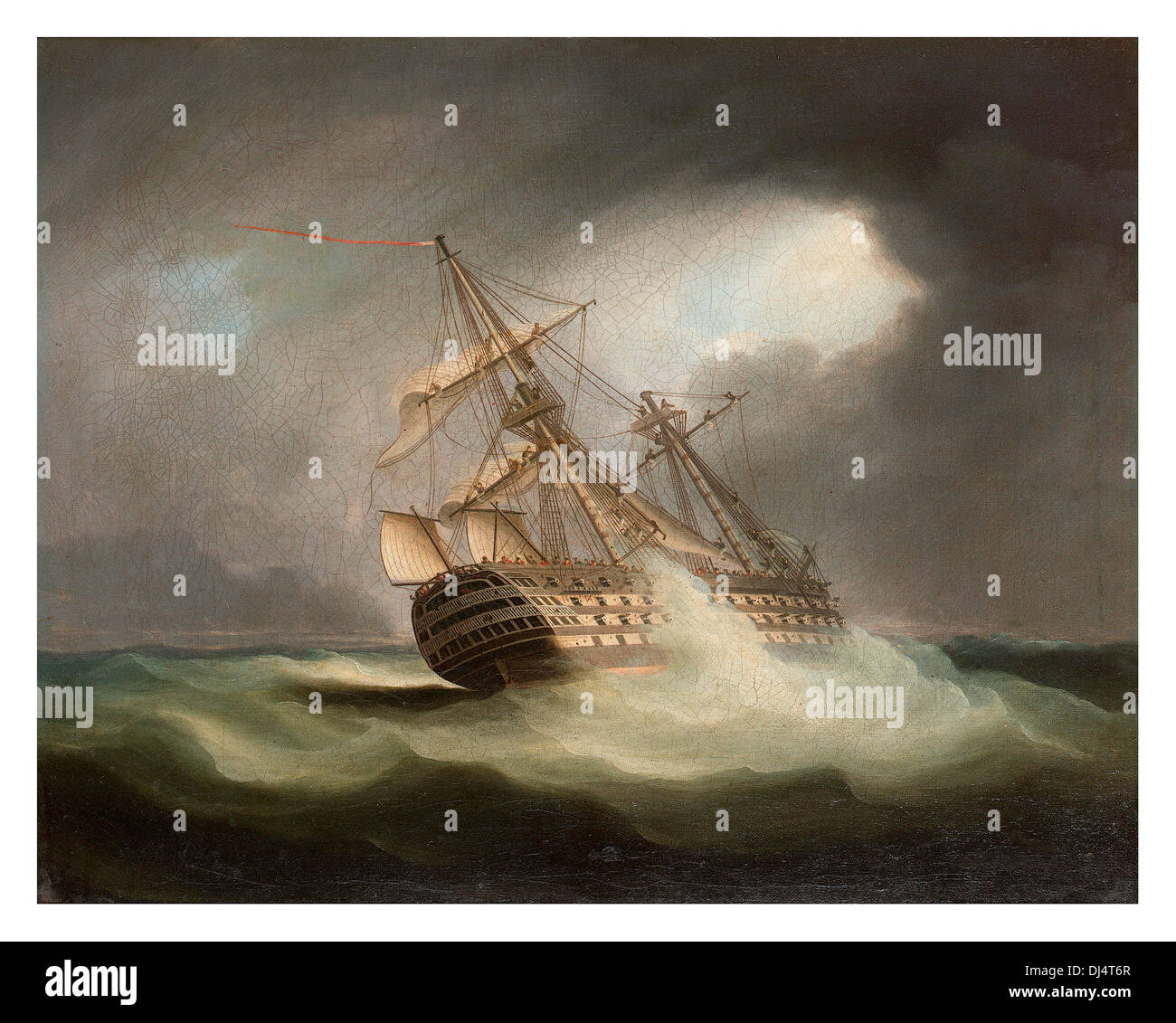 Peinture à l'huile de navire amiral HMS Victory à full sail dans un grain par Thomas Buttersworth peintre de marine guerres napoléoniennes, 1766-1842 Banque D'Images