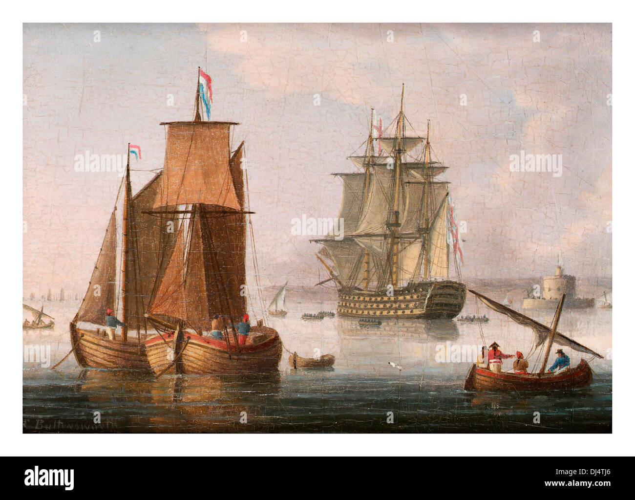 HMS Victory à l'embouchure du Tage, le Portugal Lisbonne par Buttersworth James (1817-1894) un bel anglais peintre nautique Banque D'Images