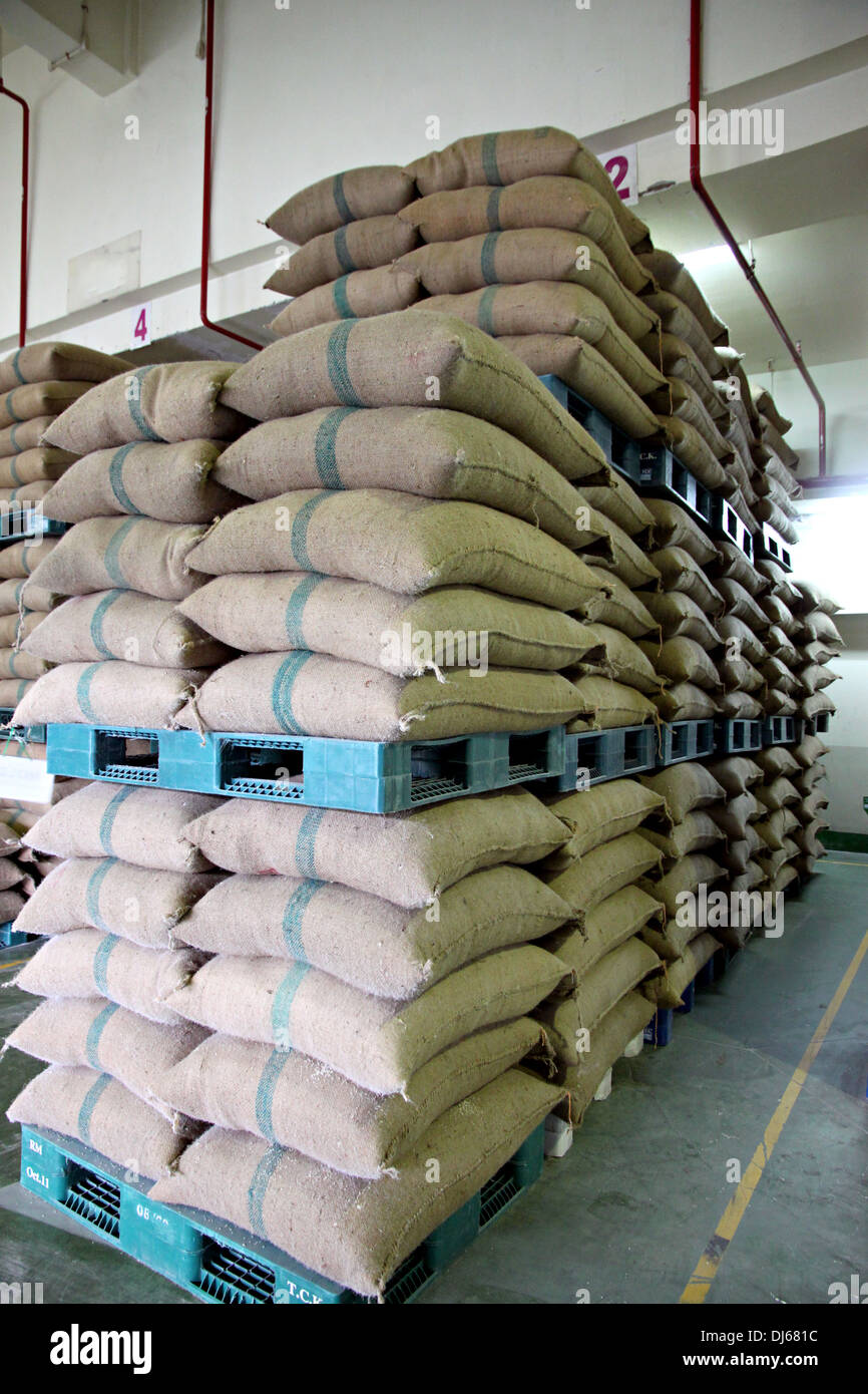 Des sacs de riz empilés sur une palette en plastique dans l'entrepôt. Banque D'Images