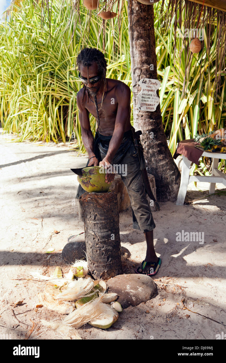 Vendeur de fruits à la Guadeloupe plage peeling une noix de coco avec une machette Banque D'Images