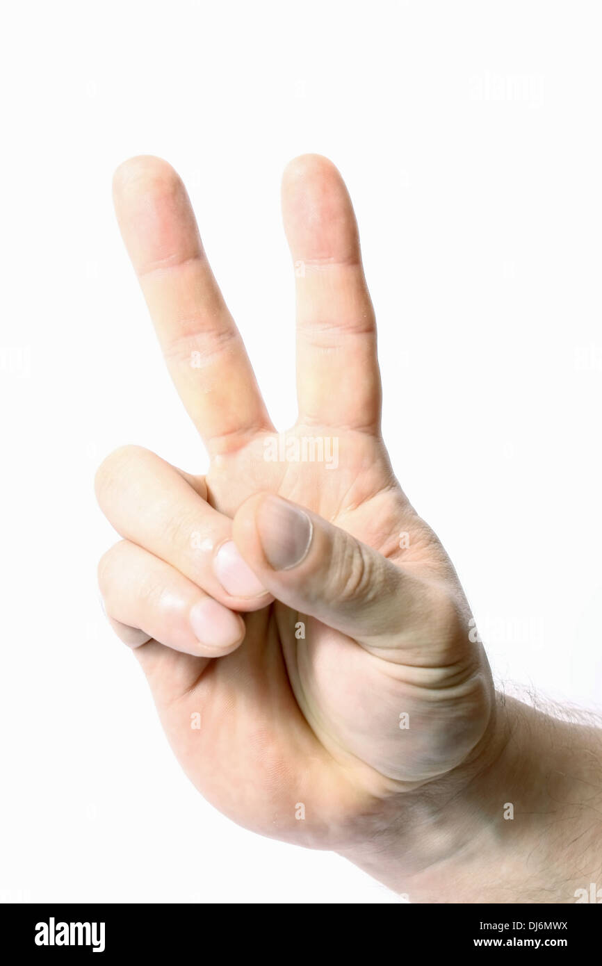 L'homme, de la main, deux, les doigts, doigt, isolés, Objet, monde, victoire, Symbole, signe, geste, corps, Partie, sur fond blanc Banque D'Images