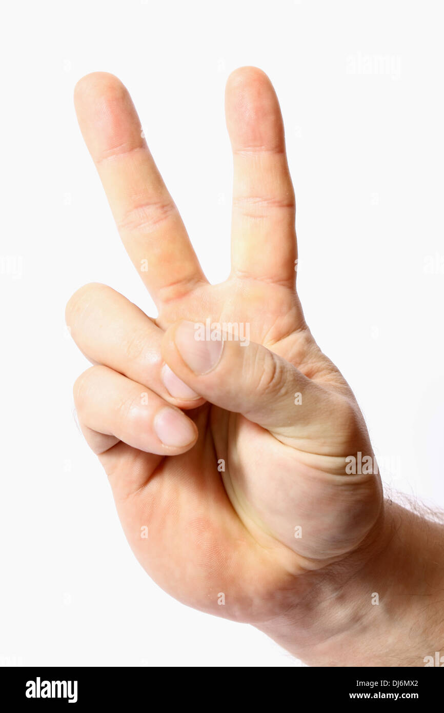 L'homme, de la main, deux, les doigts, doigt, isolés, Objet, monde, victoire, Symbole, signe, geste, corps, Partie, sur fond blanc Banque D'Images