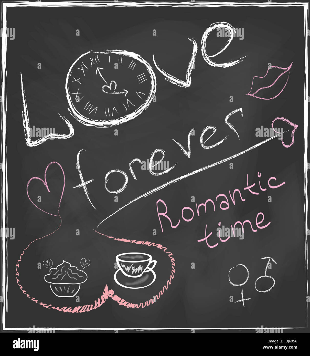 L'amour pour toujours et le temps romantique main concept tiré sur tableau noir avec horloge abstraite et définir avec des coeurs, tasse de café, gâteau Banque D'Images