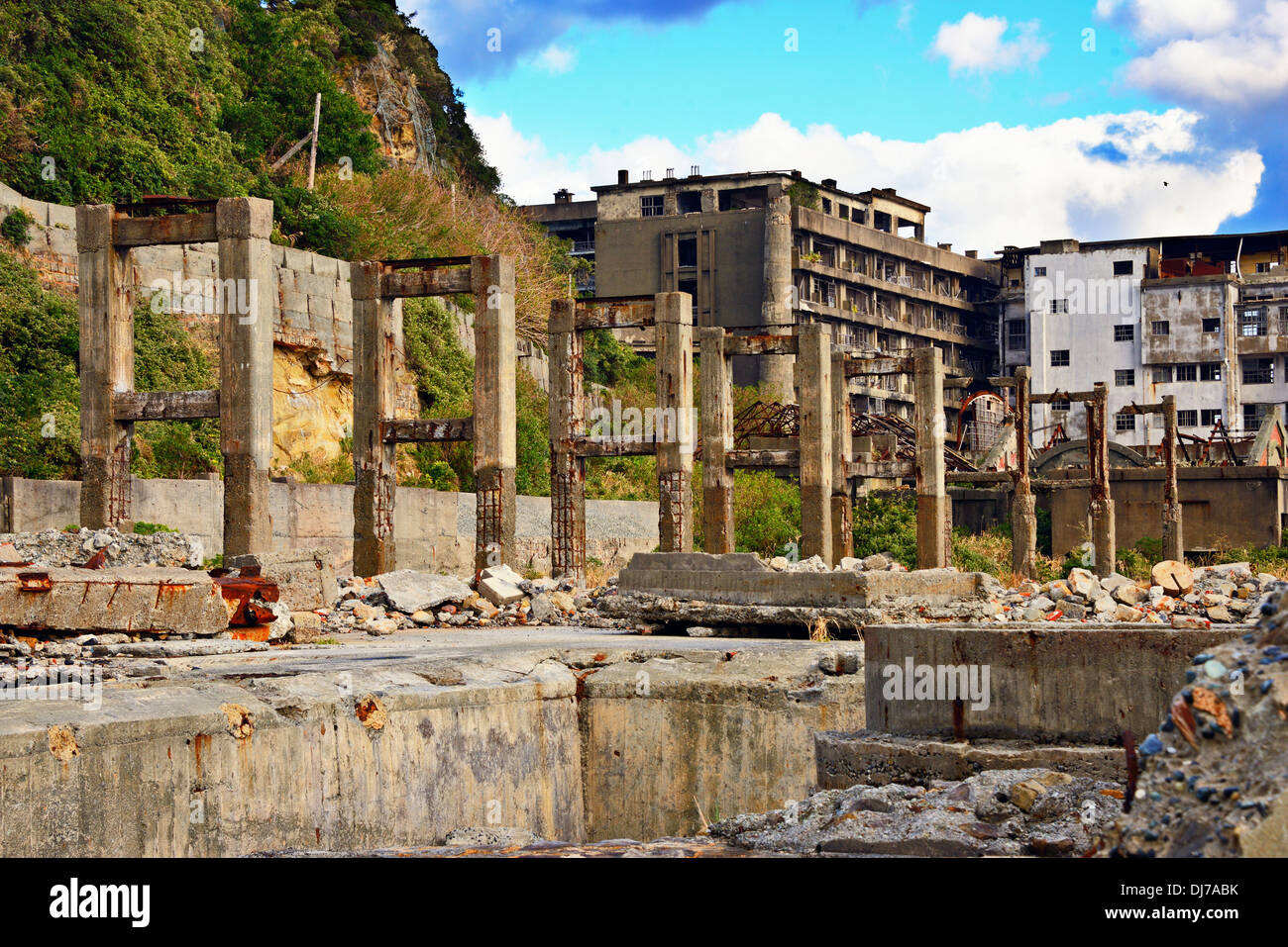 L'île de Gunkanjima industriels abandonnés, Nagasaki, Japon. Banque D'Images
