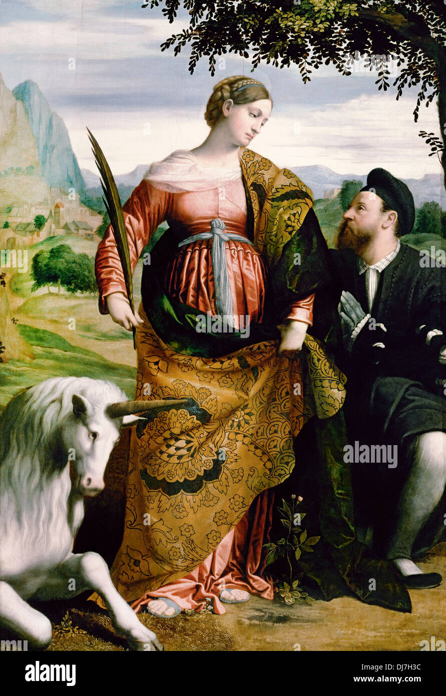 Moretto da Brescia, Justina, vénéré par un mécène. Circa 1530-1534. Huile sur toile. Le Kunsthistorisches Museum, Vienne Autriche Banque D'Images