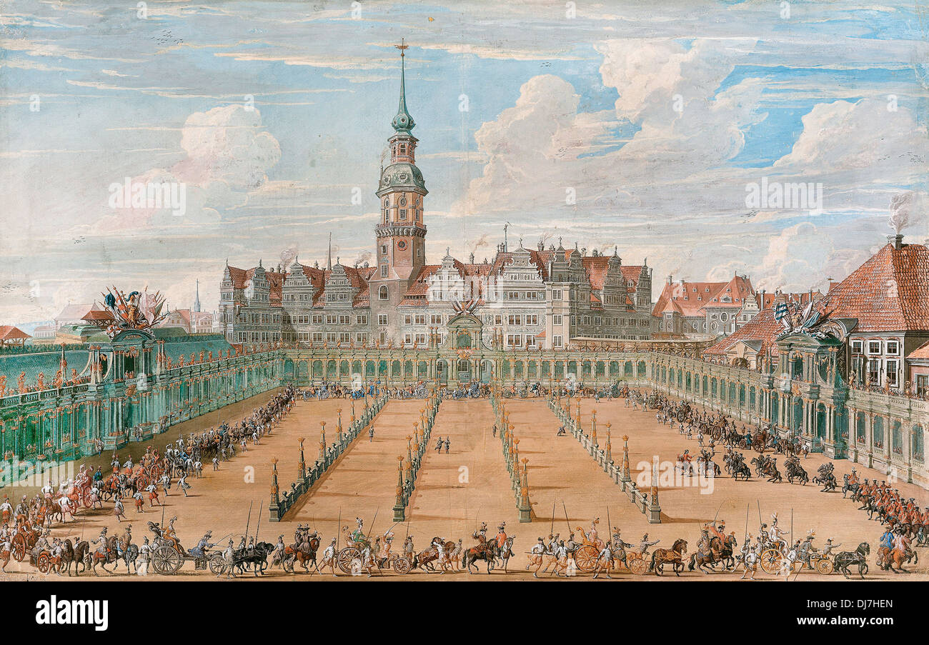 C.H. Fritzsche, défilé de la Ladies' Ring Races, Dresden 1710 Huile sur toile. Kupferstichkabinett, Dresden, Allemagne. Banque D'Images
