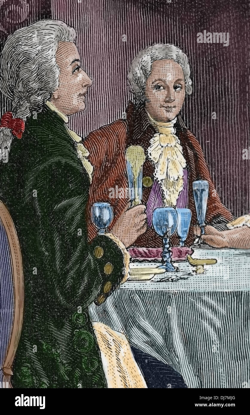 Banquet en l'honneur Mozart. Compositeur Wolfgang Amadeus Mozart (1756-1791) et le compositeur italien Antonio Salieri (1750-1750). Fra Banque D'Images