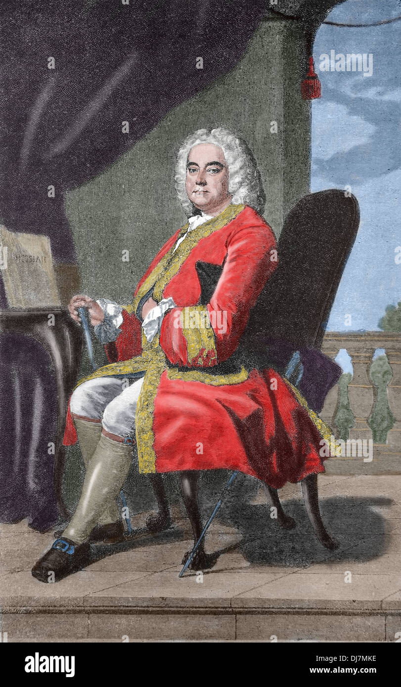 George Frideric Handel (1685-1759). L'allemand compositeur baroque britannique. Gravure par Babbage. Plus tard la couleur. Banque D'Images