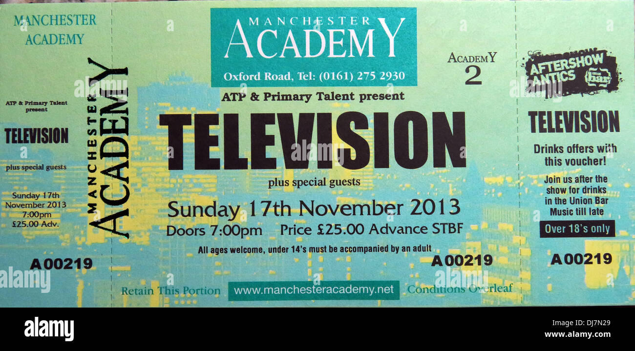 Concert de télévision Manchester Academy, 17/11/2013 Ticket, Angleterre, Royaume-Uni, avec Aftershow facancs Banque D'Images
