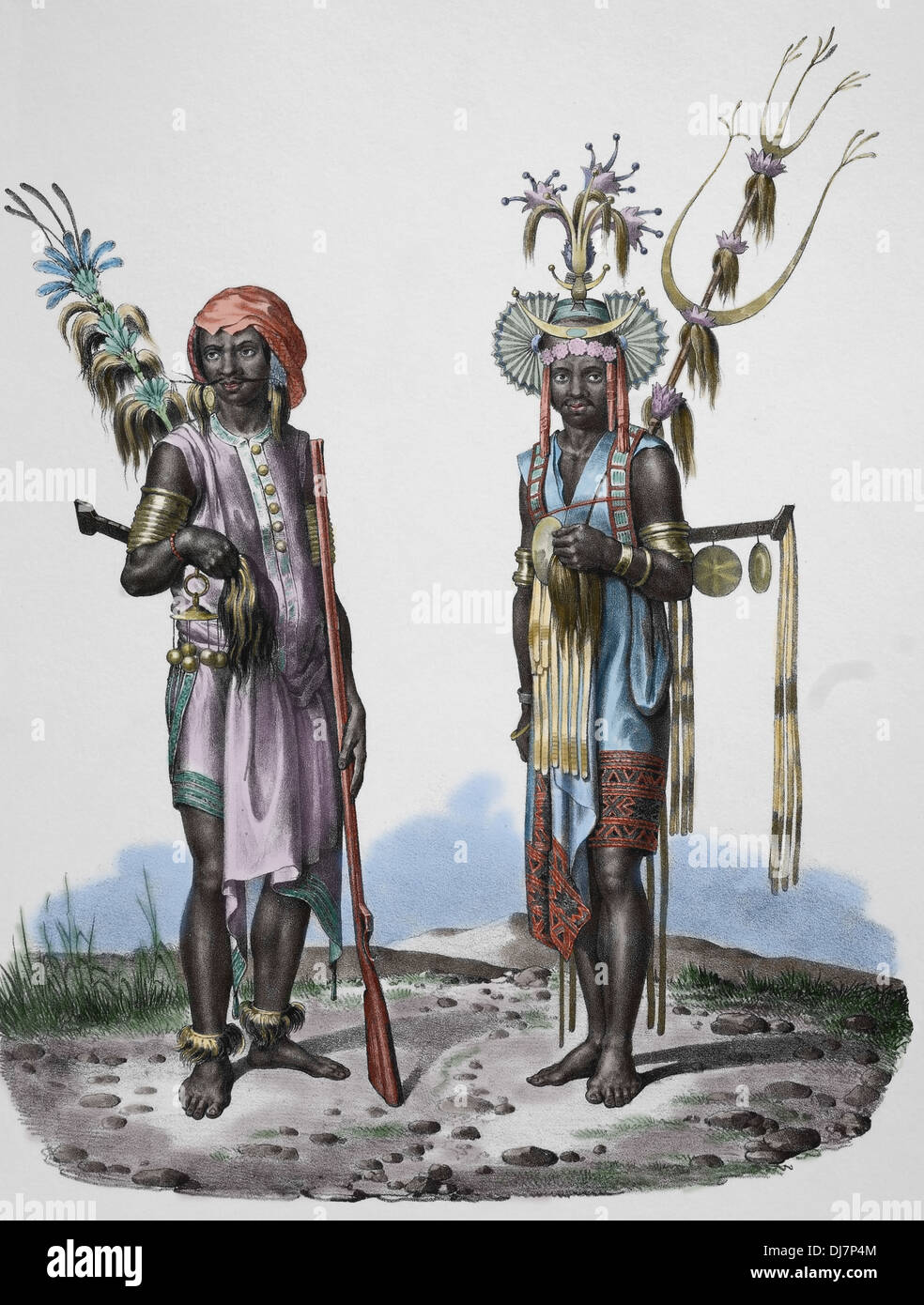 L'Asie. Timor oriental. Guerriers timorais, C. 1840. La gravure. Plus tard la couleur. Banque D'Images