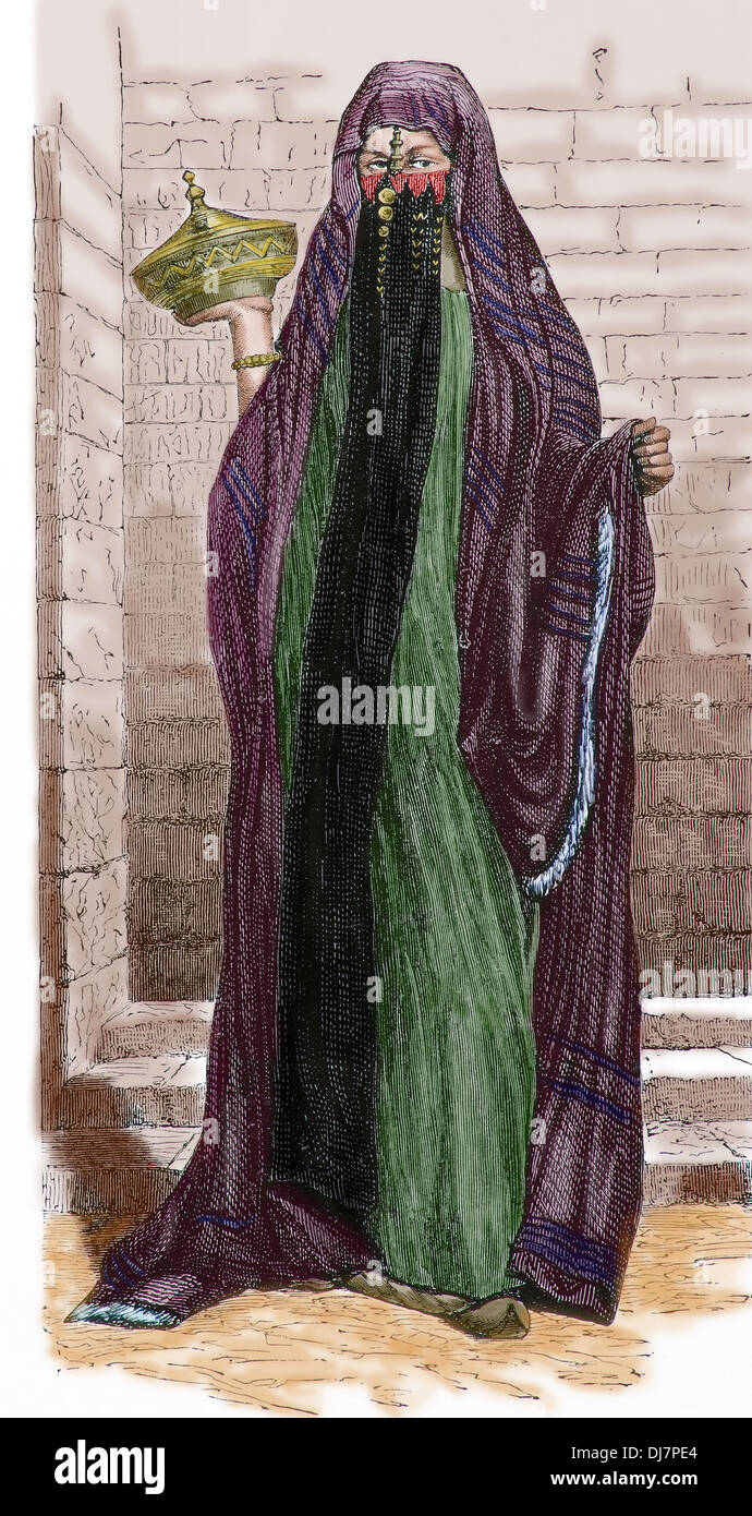 L'Afrique. L'Égypte. Dame voilée Muslism. Le Caire. Gravure, 1890. Plus tard la couleur. Banque D'Images