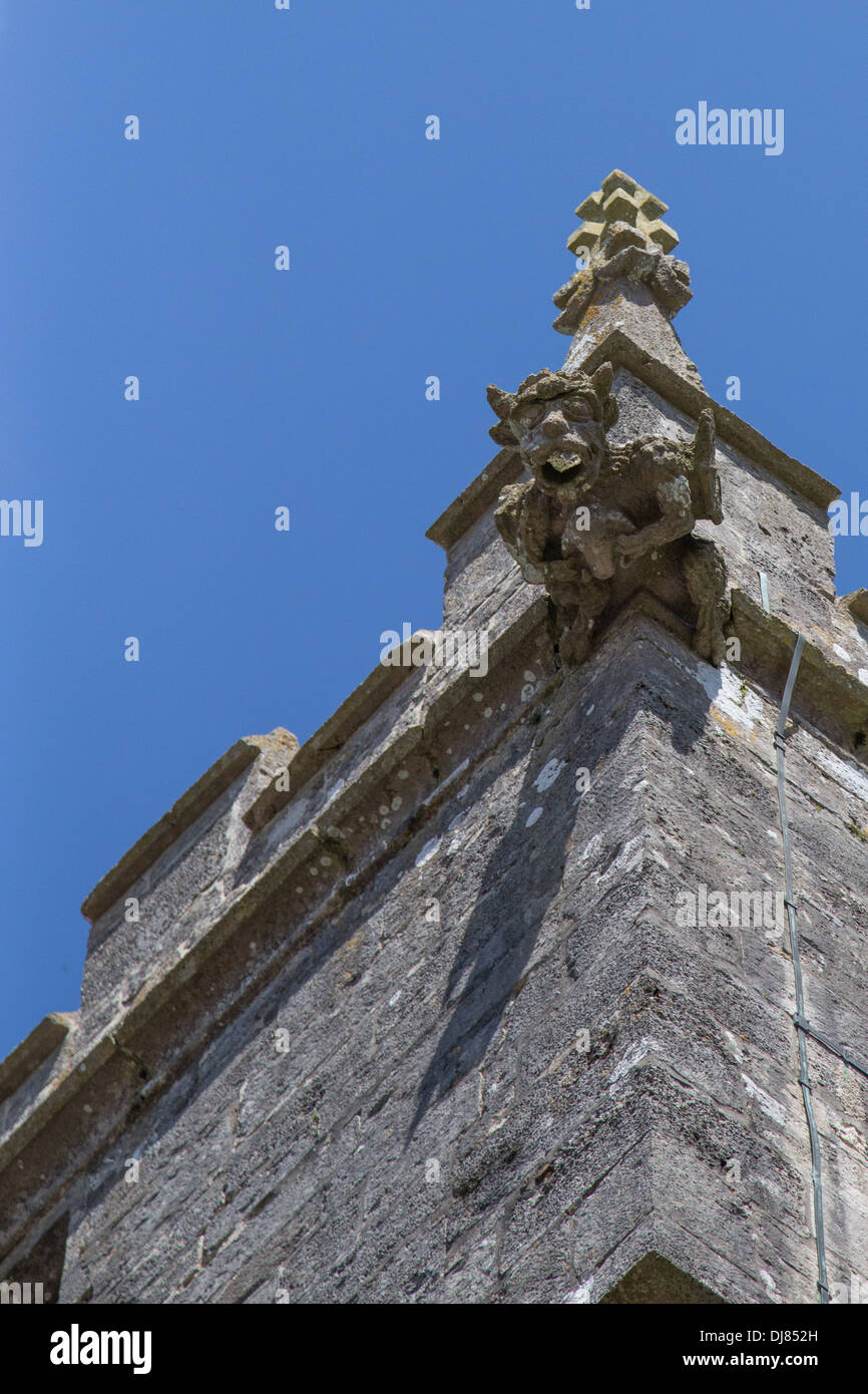 Gargoyle sur St. Edwards clocher de l'Église dans le château de Corfe, Dorset, Angleterre Banque D'Images