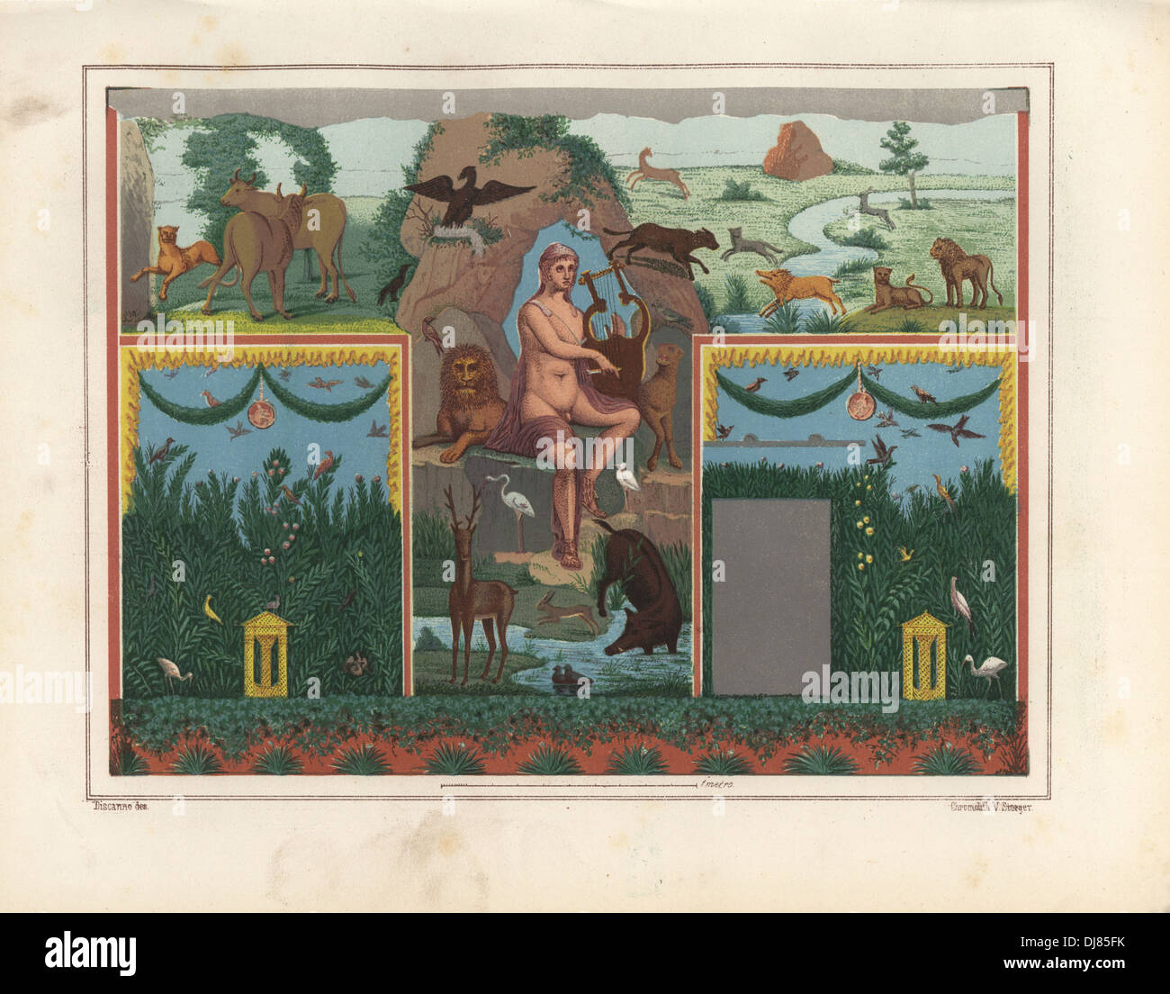 Peinture murale d'Orphée charmant les bêtes sauvages avec sa lyre de Thrace de la maison d'Orphée. Banque D'Images