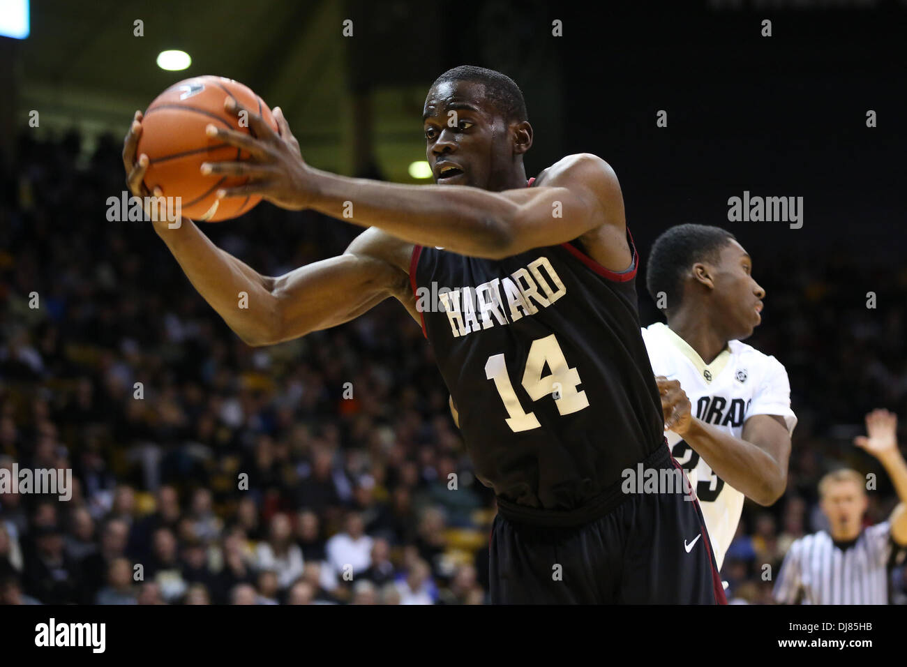 Boulder, CO, USA. 24 nov., 2013. 24 novembre 2013 : Harvard's Steve Moundou-Missi corrals un rebond contre Colorado dans la première moitié de la Coors Event Center à Boulder. Credit : csm/Alamy Live News Banque D'Images