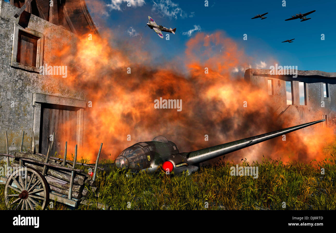 Un bombardier Heinkel He 111, abattu en flammes. Banque D'Images