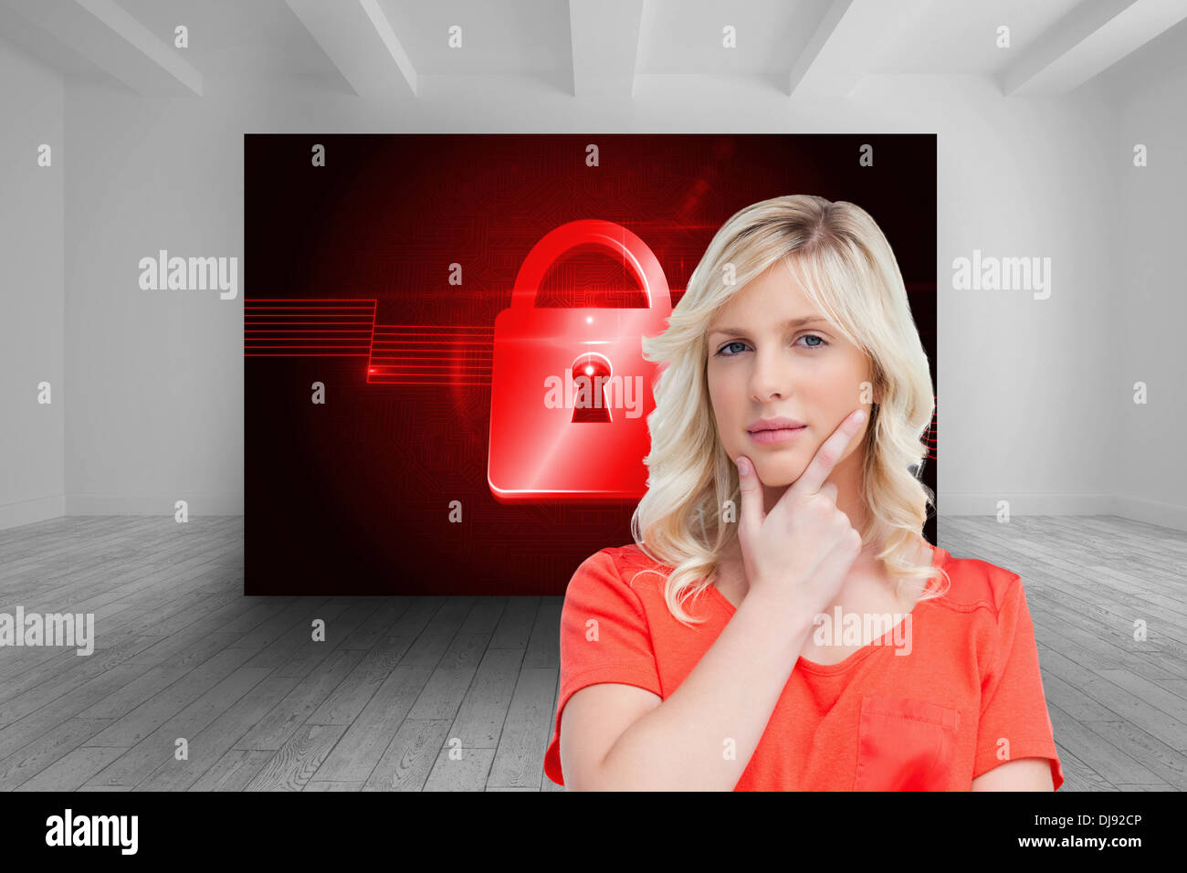 Image composite de l'adolescent debout pensivement avec ses doigts sur son menton Banque D'Images