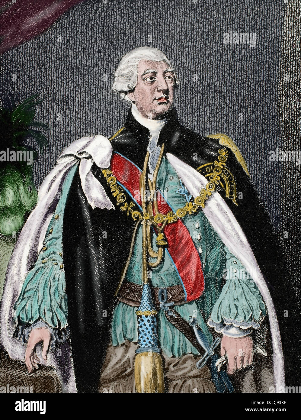 George III (1738-1820). Roi de Grande-Bretagne et d'Irlande du futur roi du Royaume-Uni et de Hanovre. La gravure. De couleur. Banque D'Images