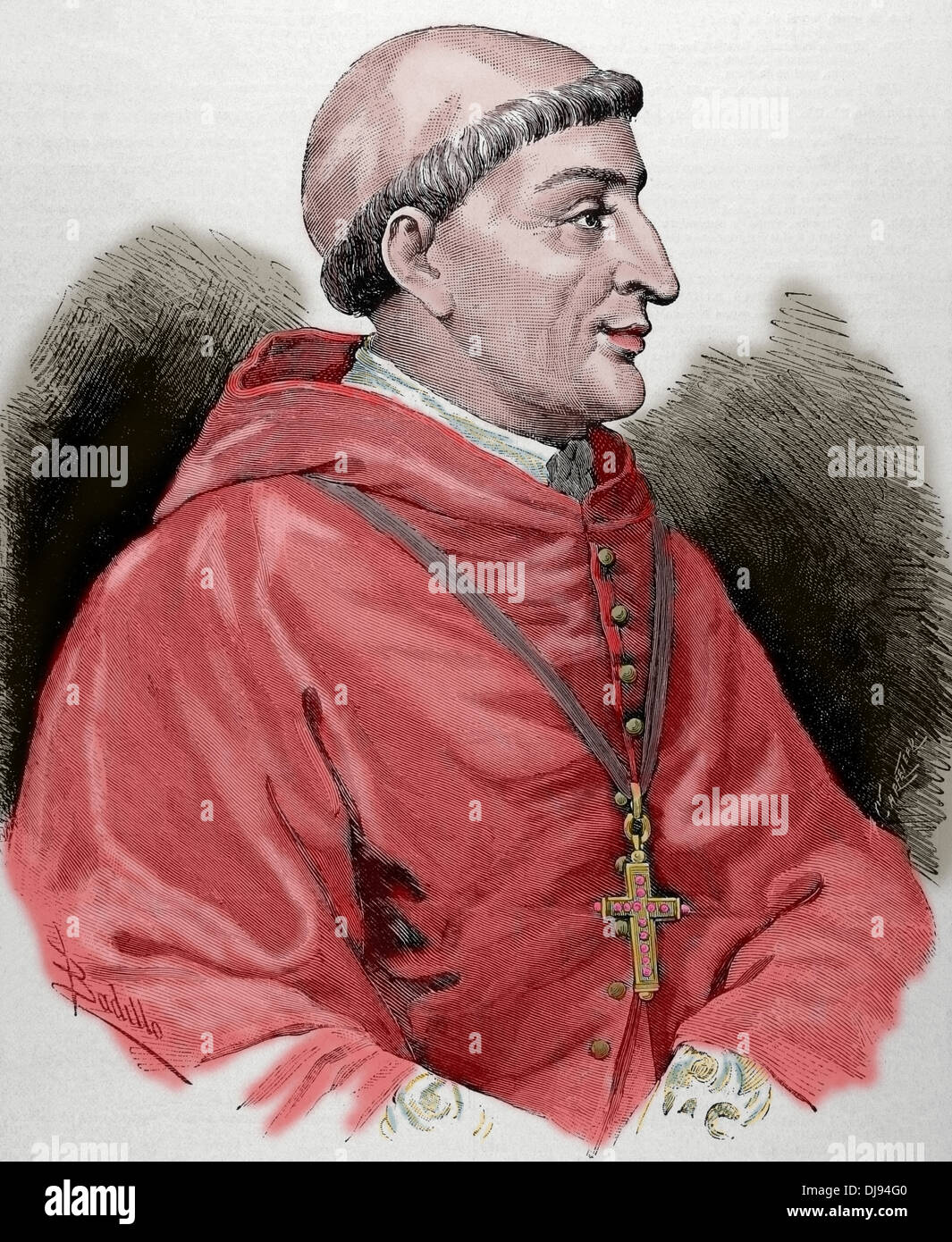 Francisco Jiménez de Cisneros (1436-1517). Cardinal et homme d'État espagnol. Gravure par Carretero. De couleur. Banque D'Images