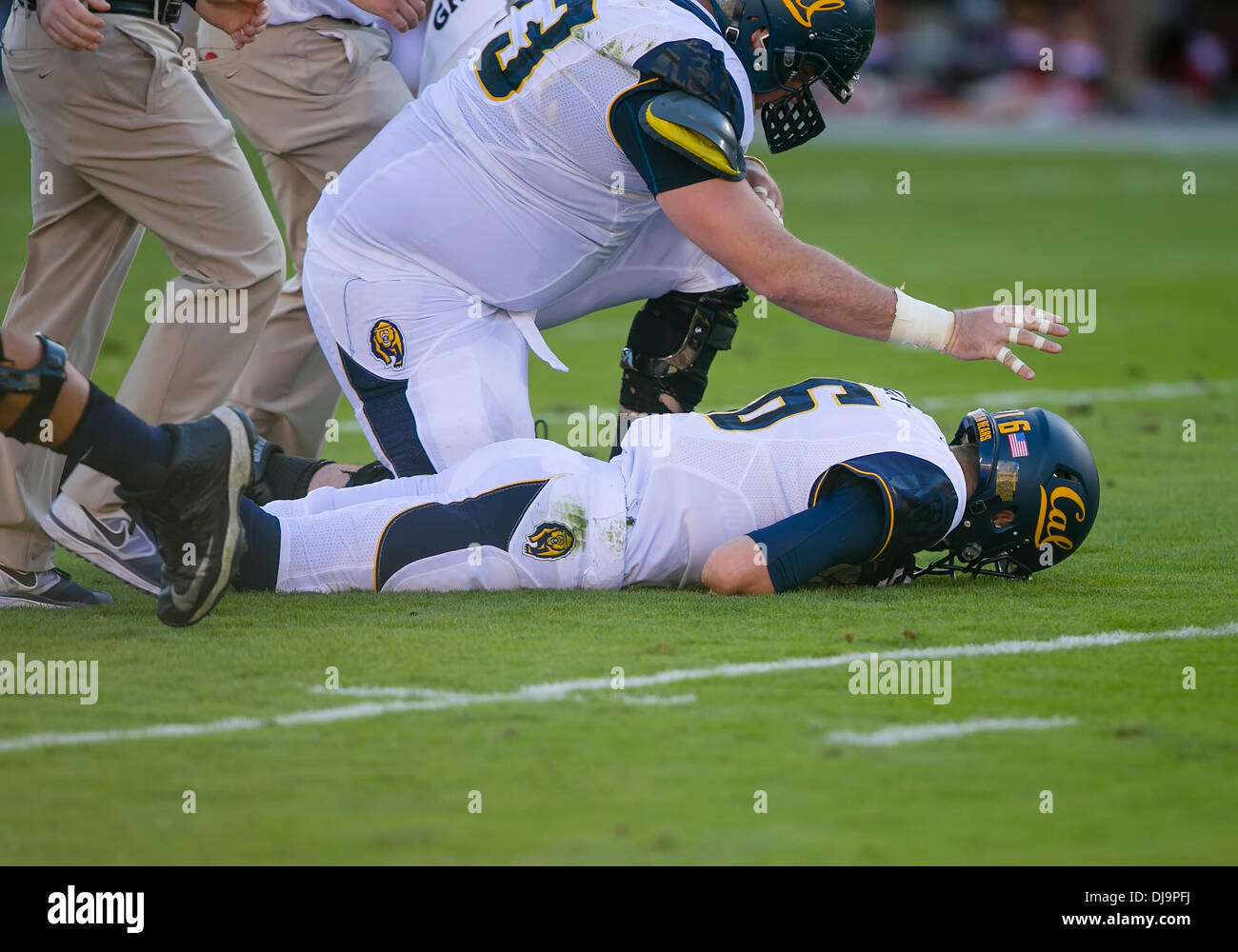 23 novembre 2013 : California Golden Bears quarterback Jared Goff (16) est blessé au cours de la NCAA Football match entre le Stanford Cardinal et le California Golden Bears au stade de Stanford à Palo Alto, CA. Stanford en Californie mène 42-13 à la mi-temps. Damon Tarver/Cal Sport Media Banque D'Images