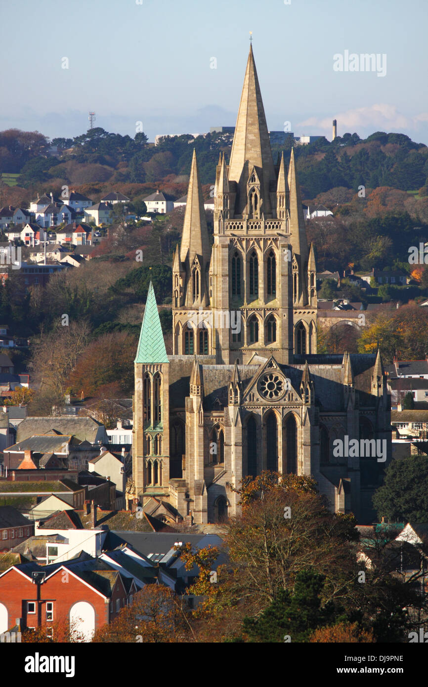 Une cathédrale de style gothique avec un clocher en cuivre entouré de bâtiments. Banque D'Images