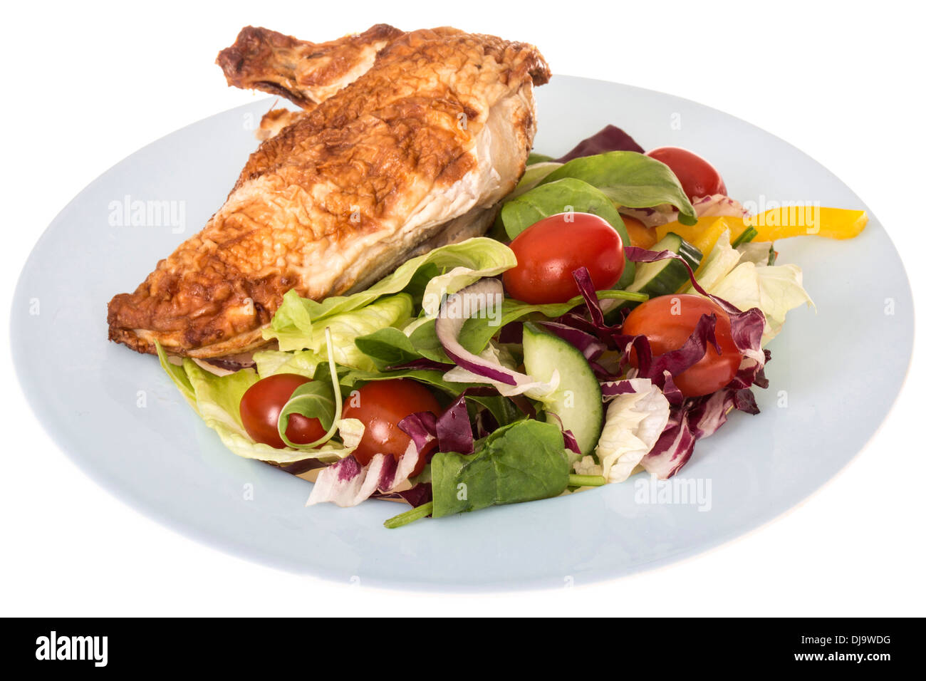 Poulet rôti froid frais trimestre joint avec un jardin d'été servi sur une assiette de salade sur un fond blanc avec aucun peuple Banque D'Images