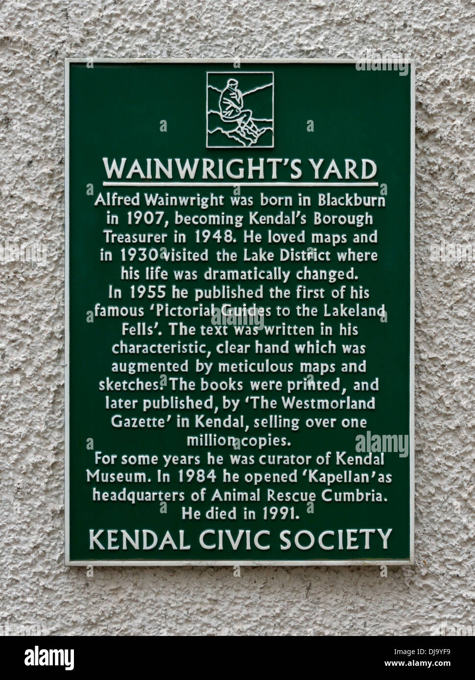 Plaque descriptive. Wainwright's Yard. Stricklandgate, Kendal, Cumbria, Angleterre, Royaume-Uni, Europe. Banque D'Images