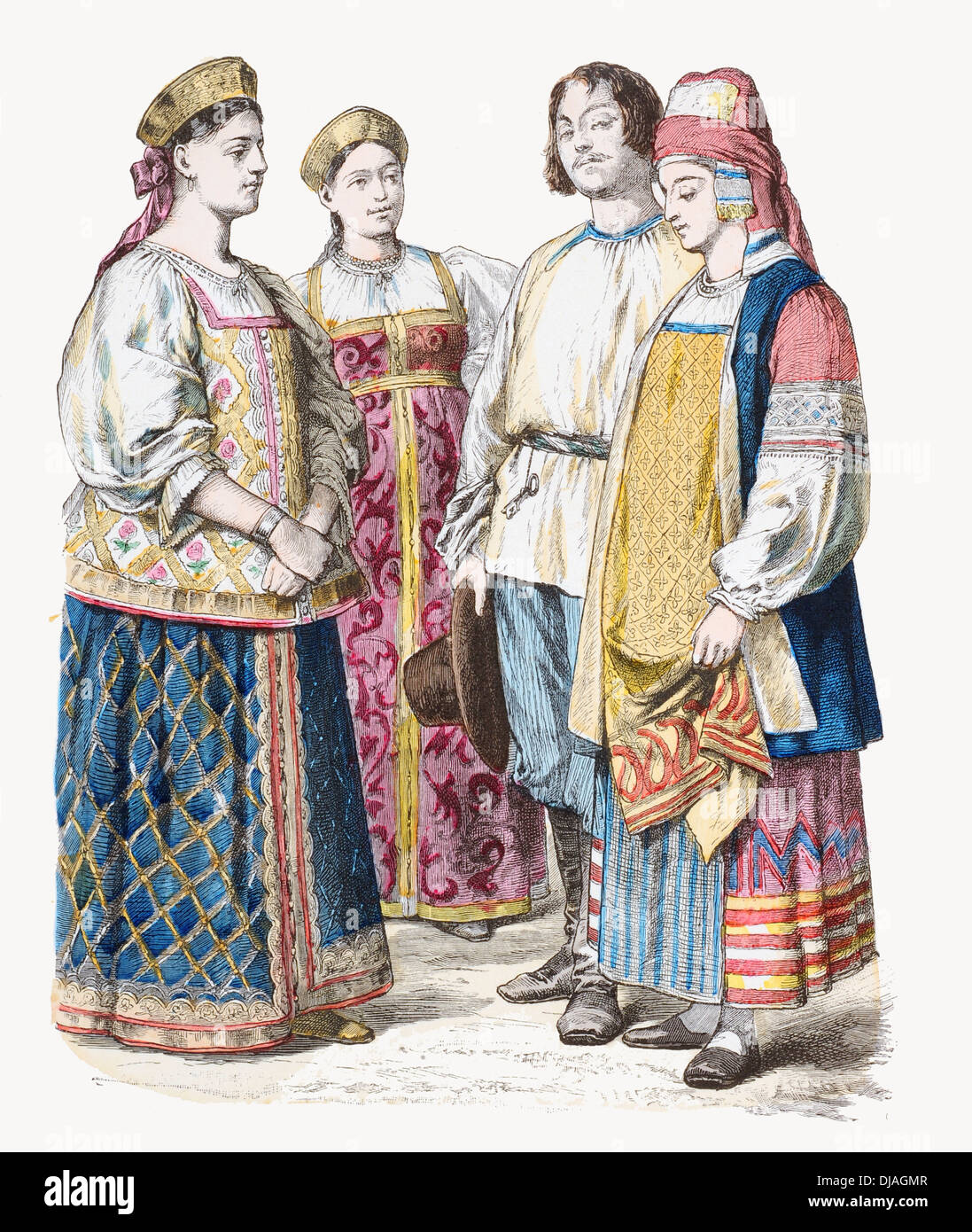 19e siècle XIX Russie gauche à droite Mesdames de Jaroslaw, Tvier Pologne et un couple de tissu de coton à broder brocade kaluga Banque D'Images